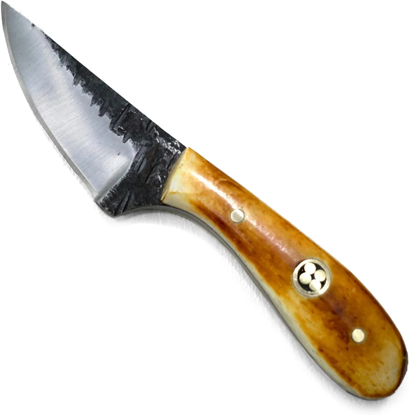 Titan International Knives Carbon 1080 Steel Skinning Utility Knife | Handmade Fixed Blade Color Coated & Hand Pounded | Burnt Bone Handle Perfect for Hunting and Outdoor Camping with Leather sheath