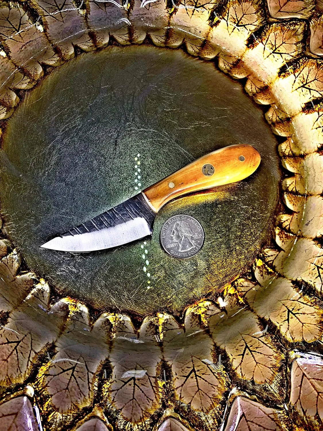 Titan International Knives Carbon 1080 Steel Skinning Utility Knife | Handmade Fixed Blade Color Coated & Hand Pounded | Burnt Bone Handle Perfect for Hunting and Outdoor Camping with Leather sheath