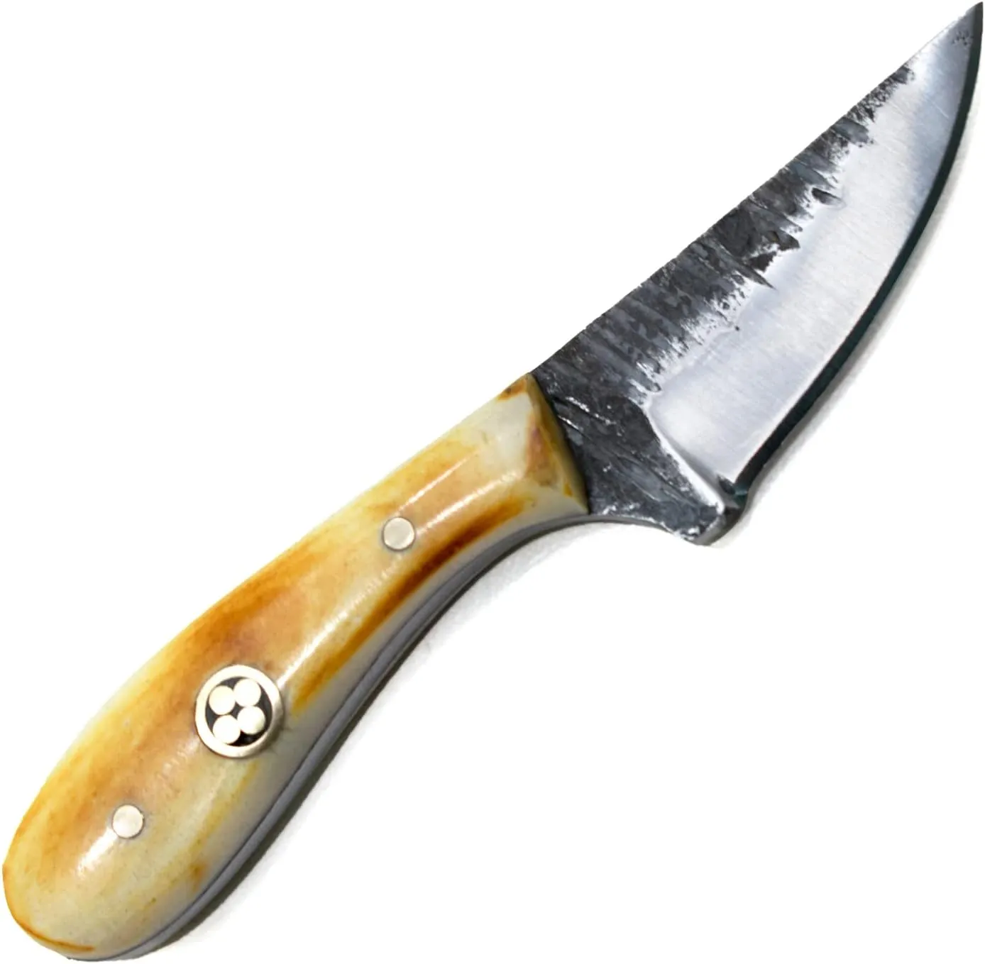 Titan International Knives Carbon 1080 Steel Skinning Utility Knife | Handmade Fixed Blade Color Coated & Hand Pounded | Burnt Bone Handle Perfect for Hunting and Outdoor Camping with Leather sheath