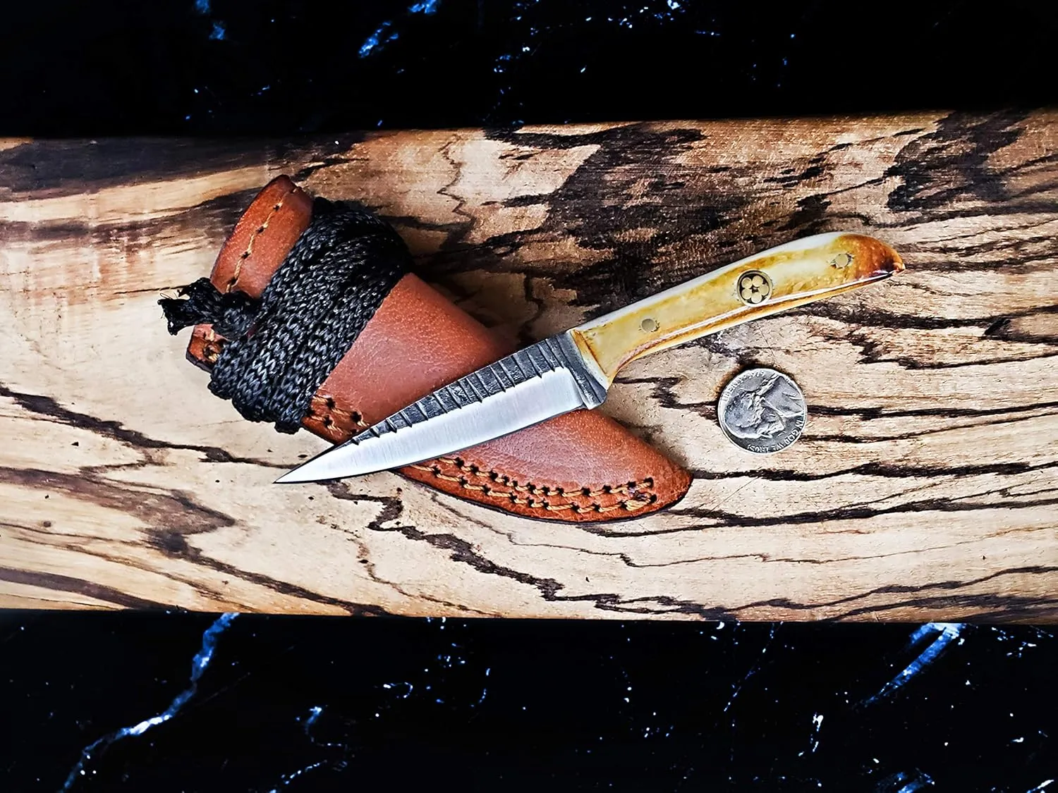 Titan International Knives Skinning Knife TC-30 Carbon 1080 Steel | Handmade Utility Neck Knife EDC | Fixed Blade Color Coated & Hand Pounded | Leather Sheath with Neck String