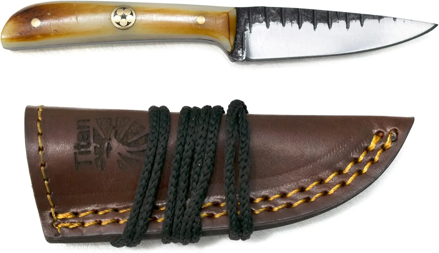 Titan International Knives Skinning Knife TC-30 Carbon 1080 Steel | Handmade Utility Neck Knife EDC | Fixed Blade Color Coated & Hand Pounded | Leather Sheath with Neck String