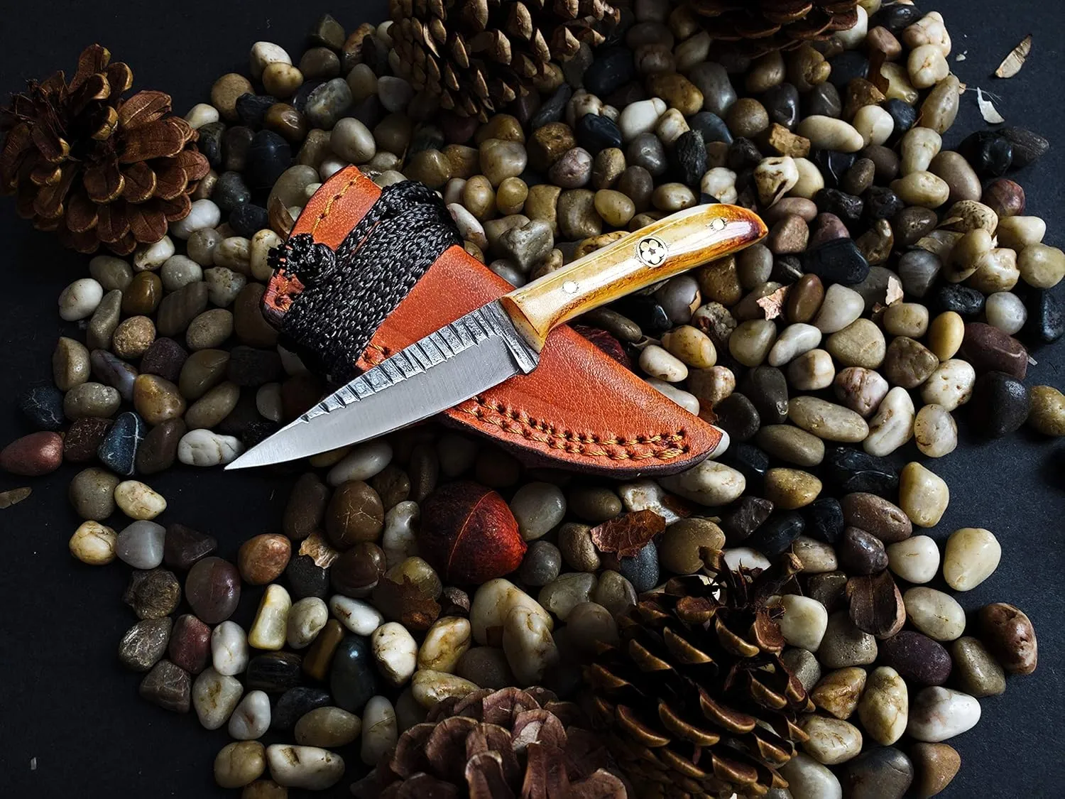 Titan International Knives Skinning Knife TC-30 Carbon 1080 Steel | Handmade Utility Neck Knife EDC | Fixed Blade Color Coated & Hand Pounded | Leather Sheath with Neck String