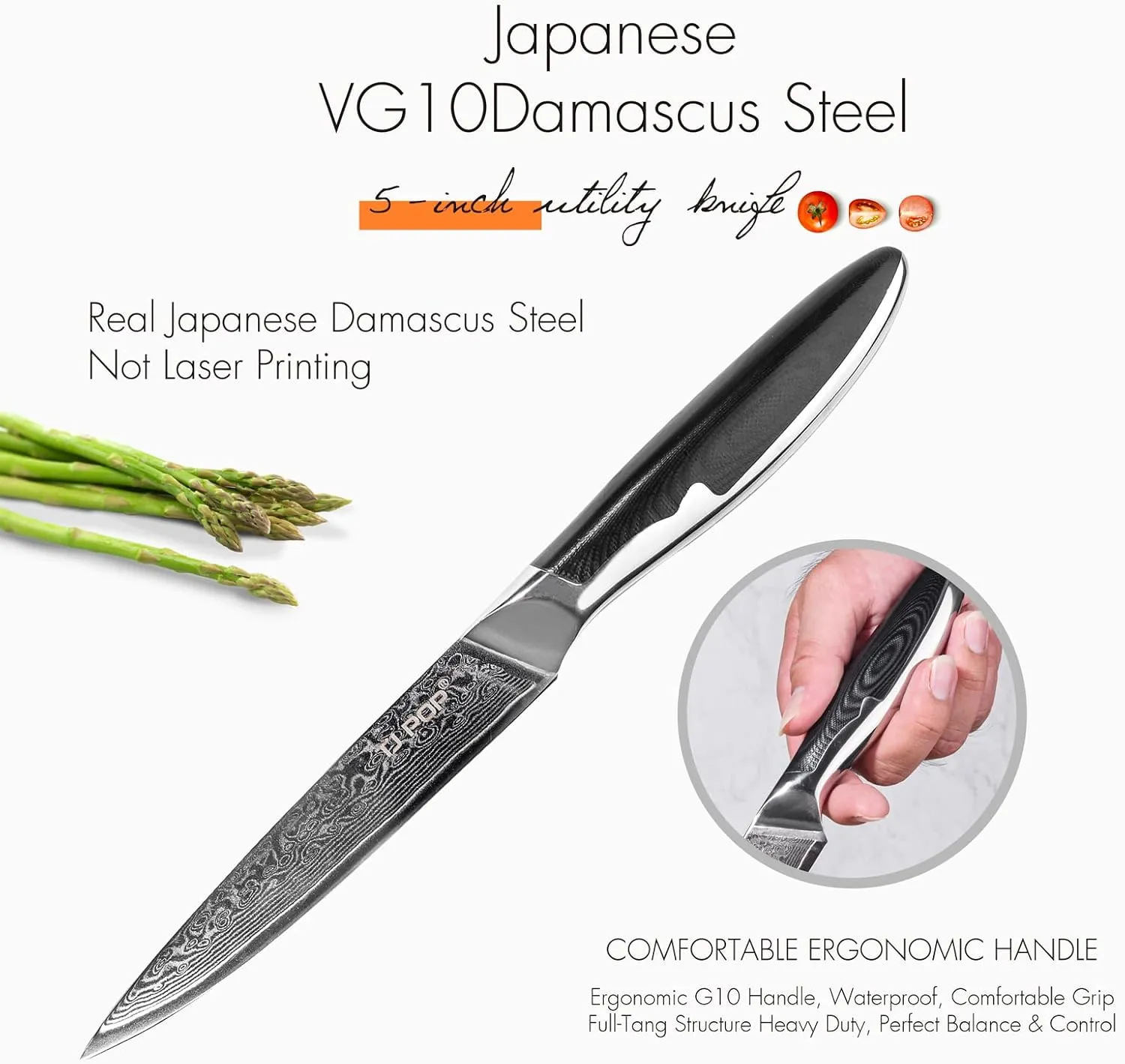 TJ POP Damascus Kitchen Utility Knife 5 Inch, Ultra Sharp Petty Chef Knife, Full-tang Knife, Japanese VG10 Steel Blade, Comfort Grip Non-slip G10 Handle