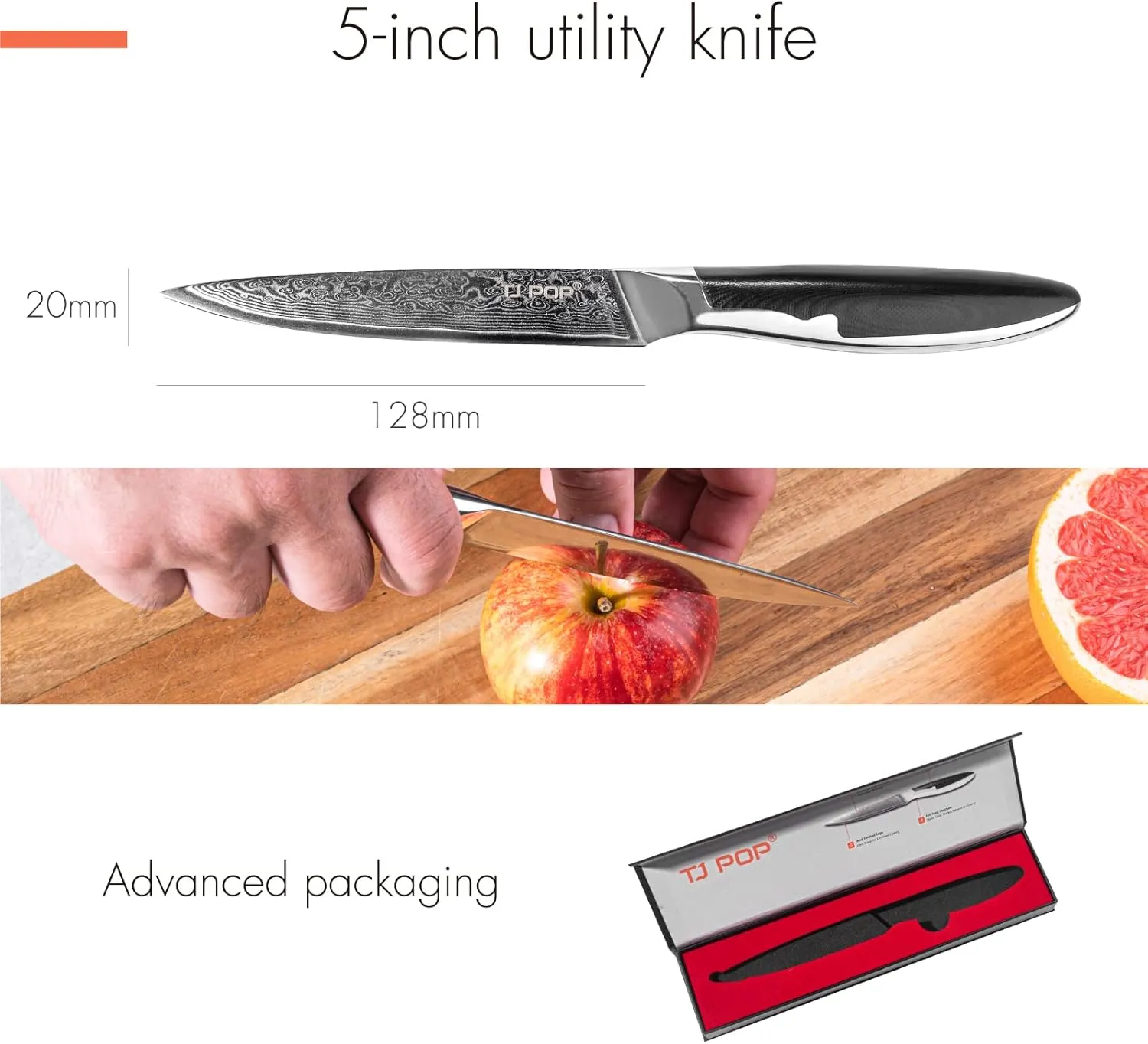 TJ POP Damascus Kitchen Utility Knife 5 Inch, Ultra Sharp Petty Chef Knife, Full-tang Knife, Japanese VG10 Steel Blade, Comfort Grip Non-slip G10 Handle