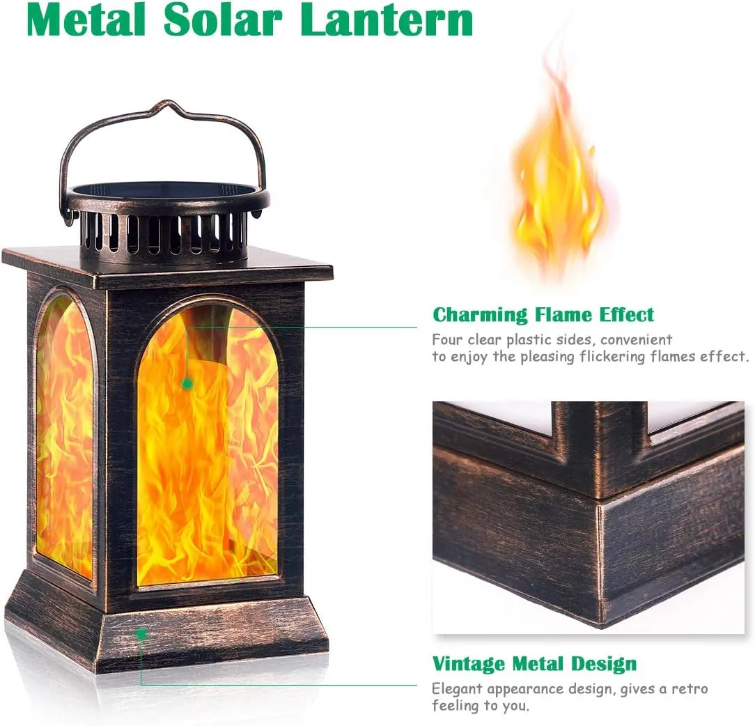 TomCare Solar Lights Flickering Flame Upgraded Metal Solar Lantern Outdoor Hanging Decorative Lanterns Heavy Duty Solar Powered Waterproof Outdoor Lighting for Patio Garden Christmas, 2 Pack (Bronze)