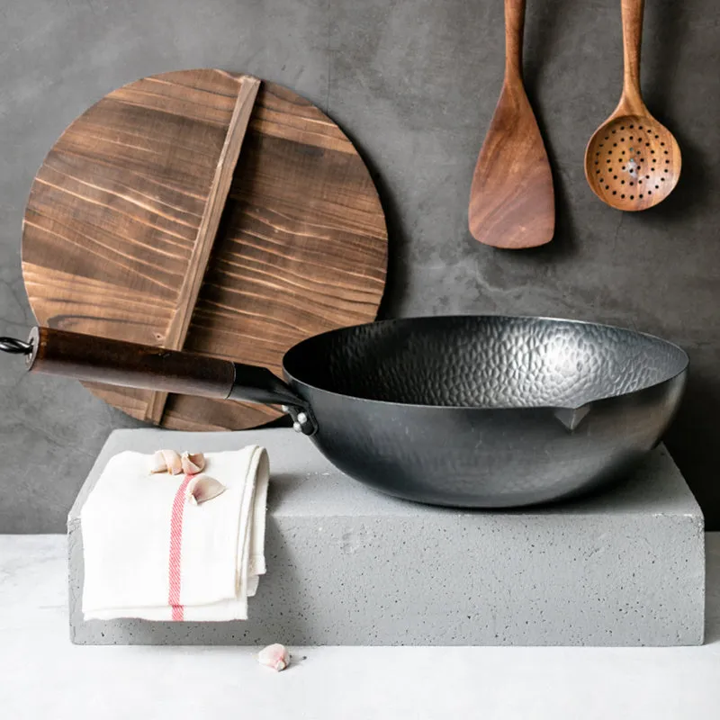 Traditional Handmade Iron Wok with Wooden Handle