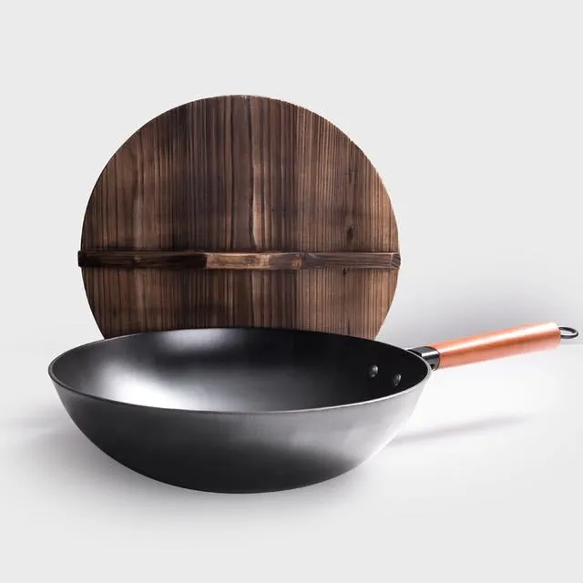 Traditional Handmade Iron Wok with Wooden Handle