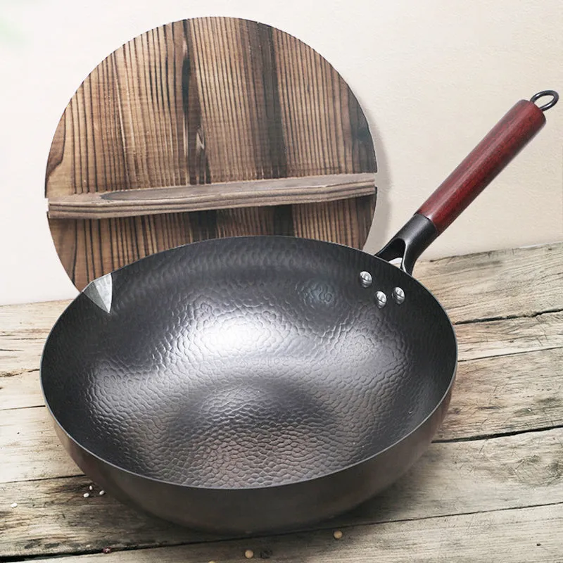 Traditional Handmade Iron Wok with Wooden Handle