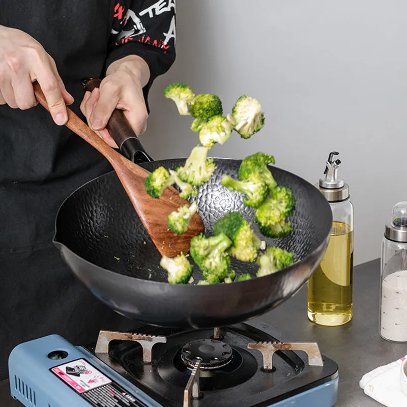 Traditional Handmade Iron Wok with Wooden Handle