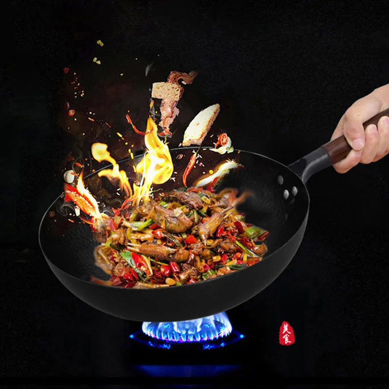 Traditional Handmade Iron Wok with Wooden Handle
