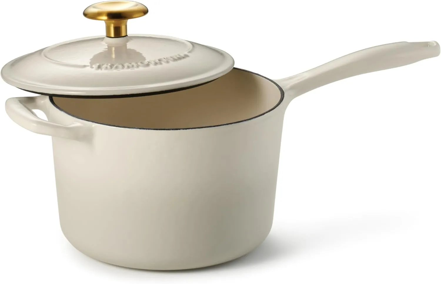 Tramontina Enameled Cast Iron Sauce Pan with Lid, 2.5-quart, Latte with Gold Knob