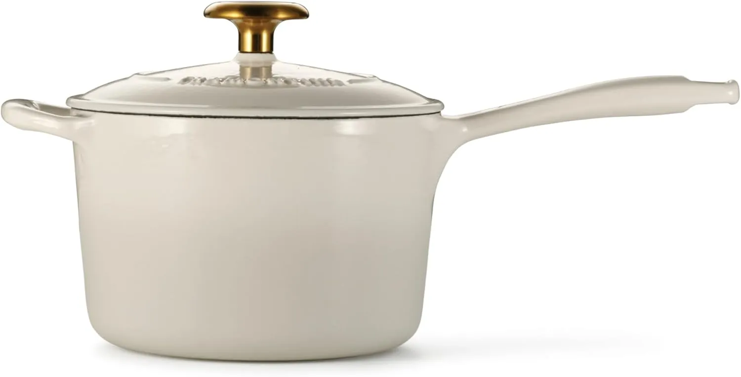 Tramontina Enameled Cast Iron Sauce Pan with Lid, 2.5-quart, Latte with Gold Knob
