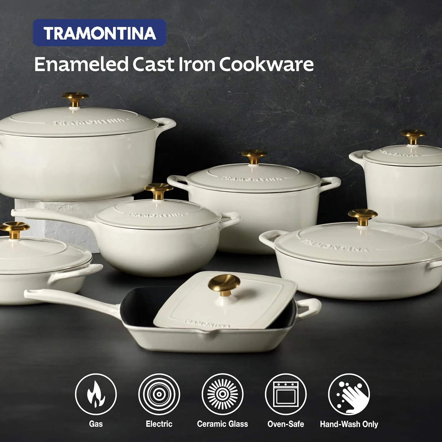 Tramontina Enameled Cast Iron Sauce Pan with Lid, 2.5-quart, Latte with Gold Knob