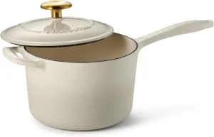 Tramontina Enameled Cast Iron Sauce Pan with Lid, 2.5-quart, Latte with Gold Knob