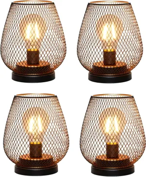 TRIROCKS Set of 4 Battery Operated Lamp LED Table Lantern, Metal Cage Cordless Lamps with LED Bulb，Vintage Decorative Outdoor Lantern for Weddings, Parties, Patio, Events for Indoors Shelf Decor