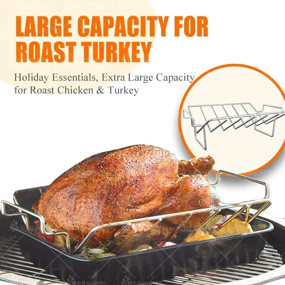 Turkey Roaster Roasting V Rack with Pan, Stainless Steel Roasting Pan with 2 Rack(Cooling Rack and Rib Rack) for Smoker Smoking/Dual Purpose fit for Large Big Green Egg and Kamado Joe Etc