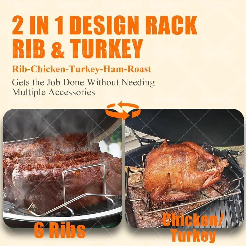 Turkey Roaster Roasting V Rack with Pan, Stainless Steel Roasting Pan with 2 Rack(Cooling Rack and Rib Rack) for Smoker Smoking/Dual Purpose fit for Large Big Green Egg and Kamado Joe Etc