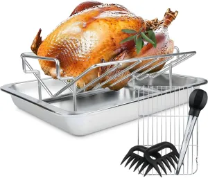 Turkey Roaster Roasting V Rack with Pan, Stainless Steel Roasting Pan with 2 Rack(Cooling Rack and Rib Rack) for Smoker Smoking/Dual Purpose fit for Large Big Green Egg and Kamado Joe Etc