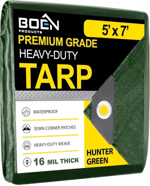 Ultra Heavy Duty Tarp Waterproof Cover | Hunter Green, 5' x 7' 16 Mil Thick | Rip Proof Tarps | Thick Weave Material, UV Resistant Great for Tarpaulin Canopy Tent, Boat, RV or Pool Cover