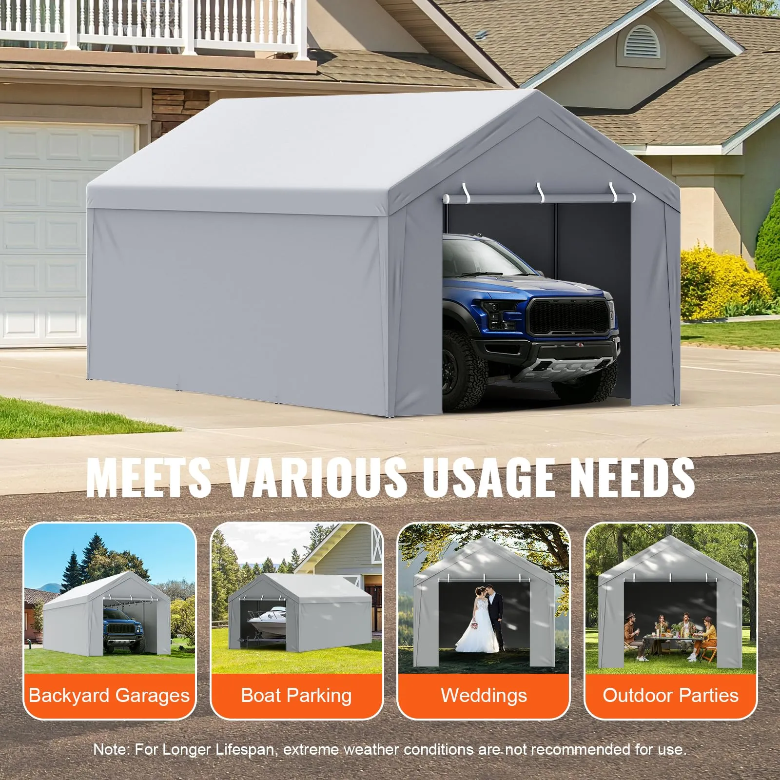 VEVOR Carport Replacement Canopy Cover Top   Side Wall 10 x 20 ft, Garage Tent Shelter Tarp Heavy-Duty Waterproof & UV Protected, Easy Installation with Ball Bungees,Grey (Frame Not Included)