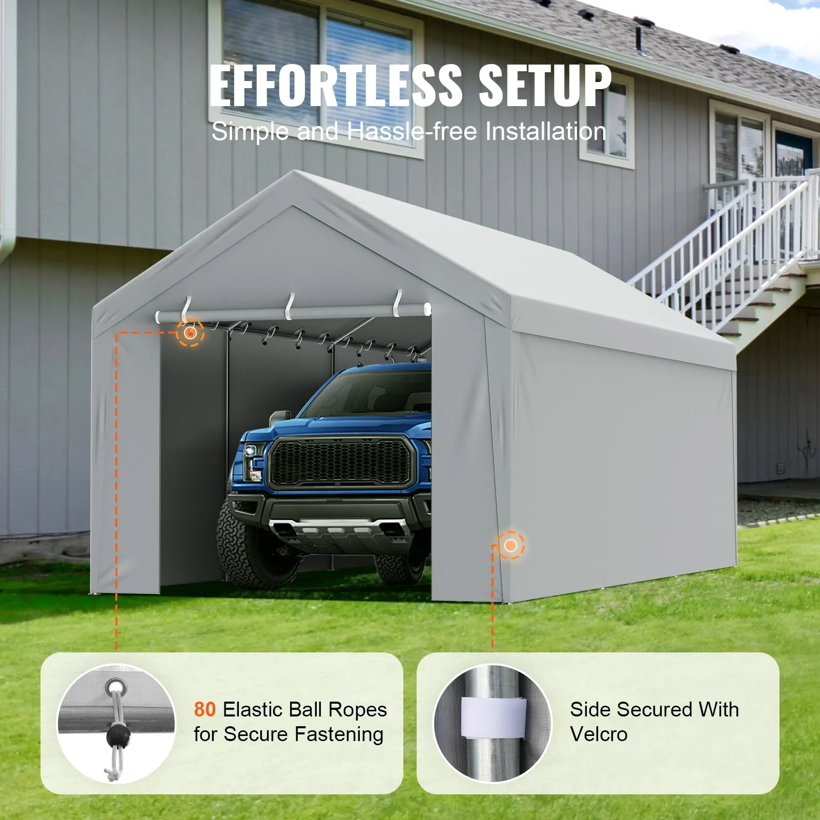 VEVOR Carport Replacement Canopy Cover Top   Side Wall 10 x 20 ft, Garage Tent Shelter Tarp Heavy-Duty Waterproof & UV Protected, Easy Installation with Ball Bungees,Grey (Frame Not Included)