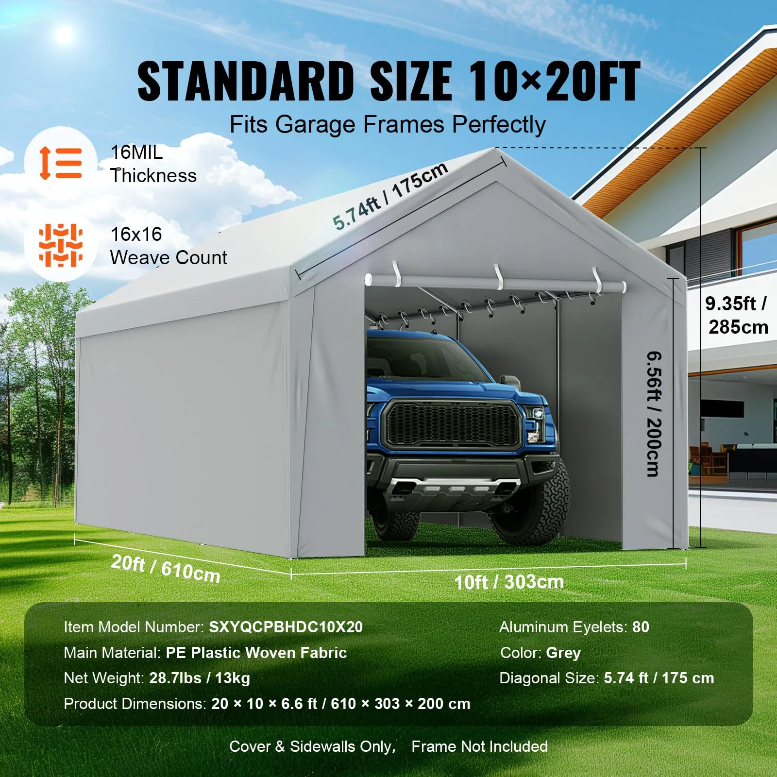 VEVOR Carport Replacement Canopy Cover Top   Side Wall 10 x 20 ft, Garage Tent Shelter Tarp Heavy-Duty Waterproof & UV Protected, Easy Installation with Ball Bungees,Grey (Frame Not Included)