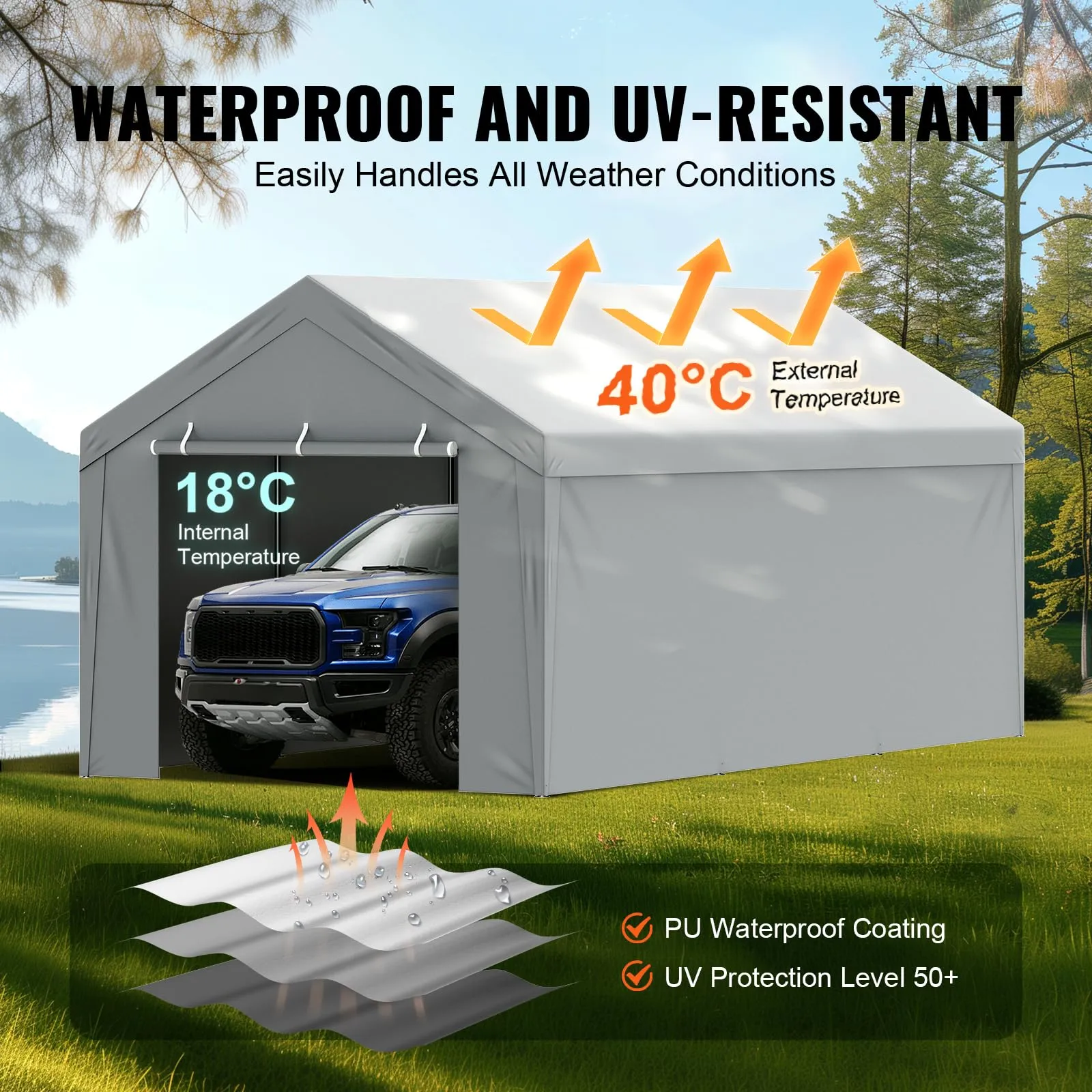 VEVOR Carport Replacement Canopy Cover Top   Side Wall 10 x 20 ft, Garage Tent Shelter Tarp Heavy-Duty Waterproof & UV Protected, Easy Installation with Ball Bungees,Grey (Frame Not Included)
