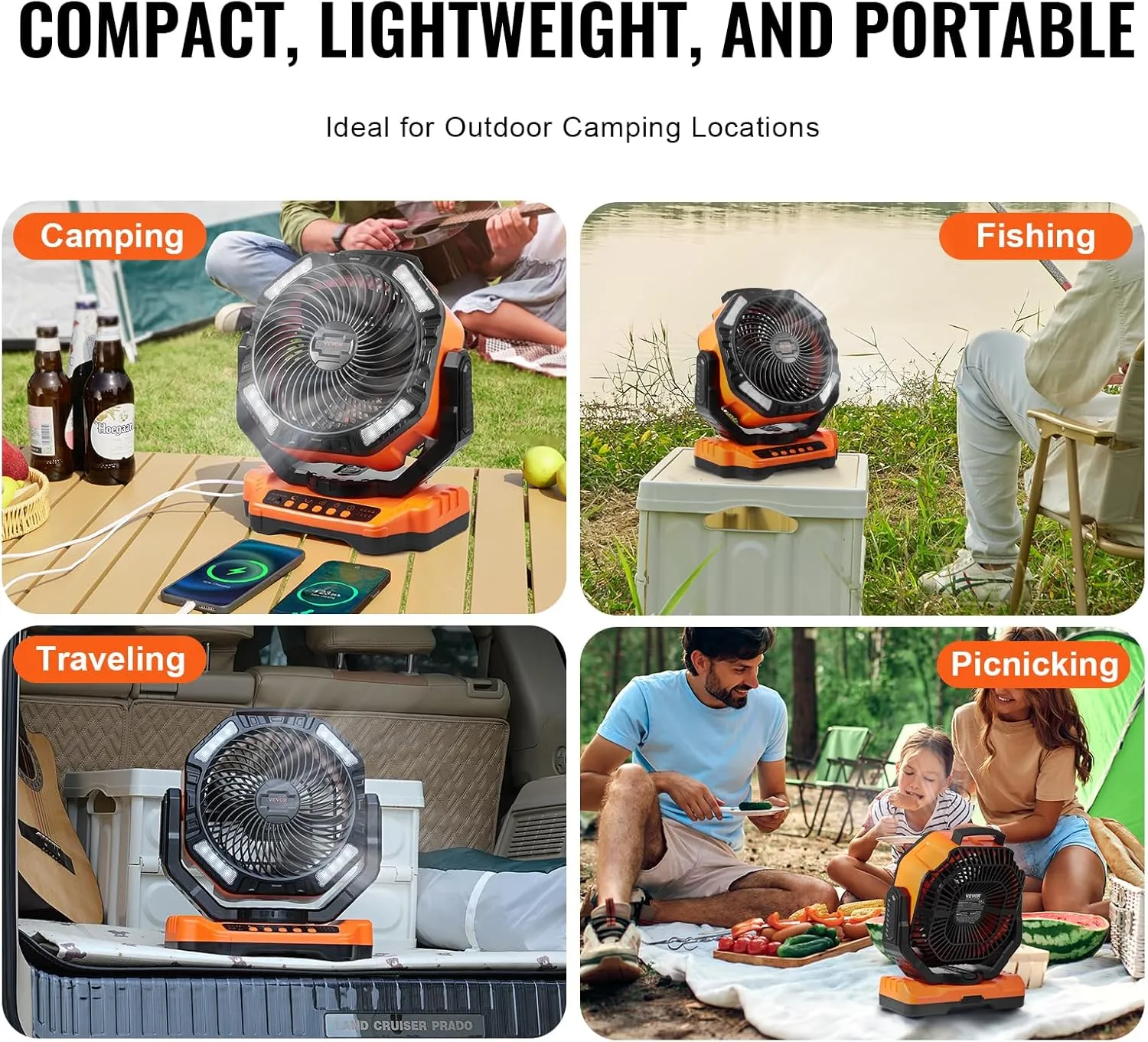 VEVOR Portable Fan Rechargeable 13 inch, Battery Powered Fan with LED Lantern, 4 Speeds Adjustable & 45°/90°Automatic Swivel & Timer, USB Battery Operated Fans for Travel Bedroom Home Camping Office