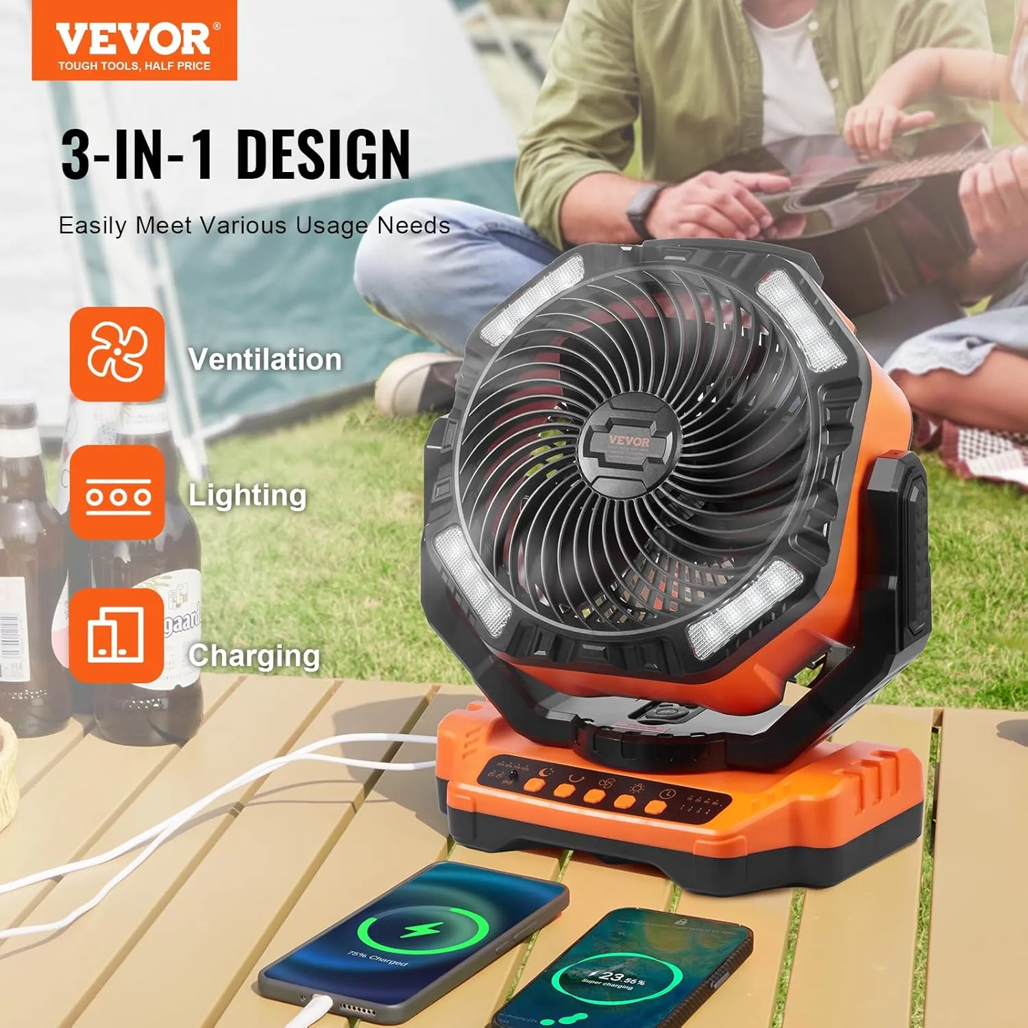 VEVOR Portable Fan Rechargeable 13 inch, Battery Powered Fan with LED Lantern, 4 Speeds Adjustable & 45°/90°Automatic Swivel & Timer, USB Battery Operated Fans for Travel Bedroom Home Camping Office