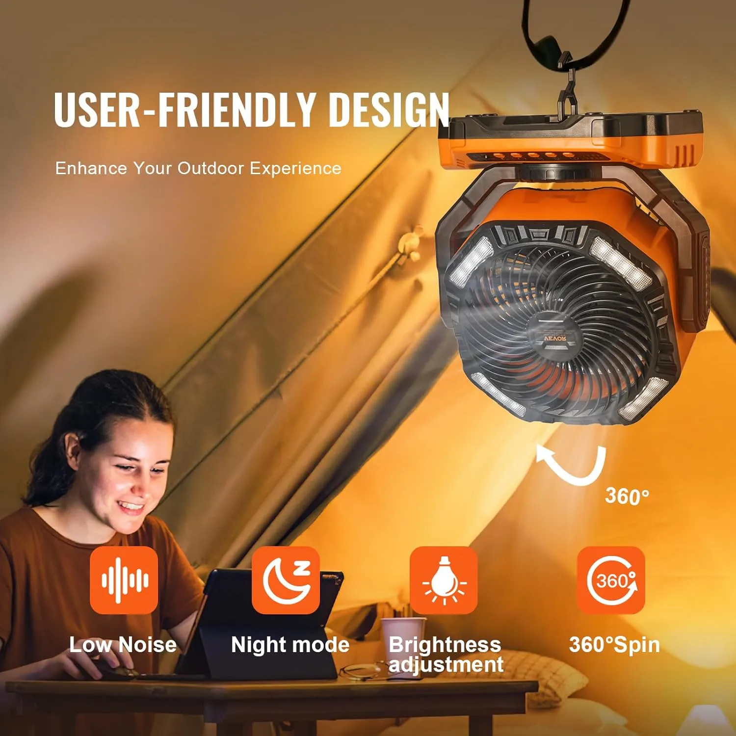VEVOR Portable Fan Rechargeable 13 inch, Battery Powered Fan with LED Lantern, 4 Speeds Adjustable & 45°/90°Automatic Swivel & Timer, USB Battery Operated Fans for Travel Bedroom Home Camping Office