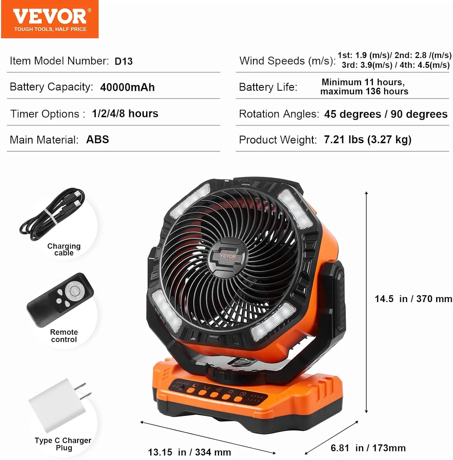 VEVOR Portable Fan Rechargeable 13 inch, Battery Powered Fan with LED Lantern, 4 Speeds Adjustable & 45°/90°Automatic Swivel & Timer, USB Battery Operated Fans for Travel Bedroom Home Camping Office