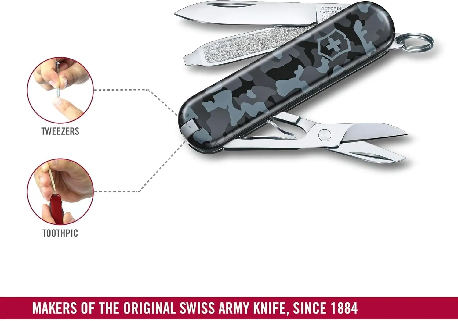Victorinox Classic SD Swiss Army Knife, Compact, 7 Functions, Swiss Made Pocket Knife with Small Blade, Screwdriver and Key Ring - Navy Camouflage