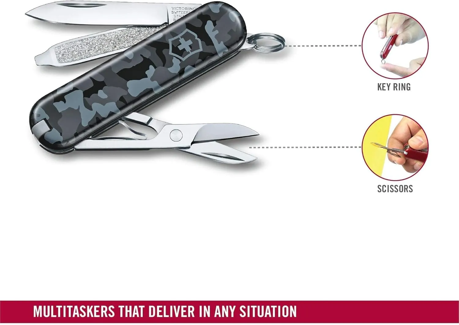 Victorinox Classic SD Swiss Army Knife, Compact, 7 Functions, Swiss Made Pocket Knife with Small Blade, Screwdriver and Key Ring - Navy Camouflage
