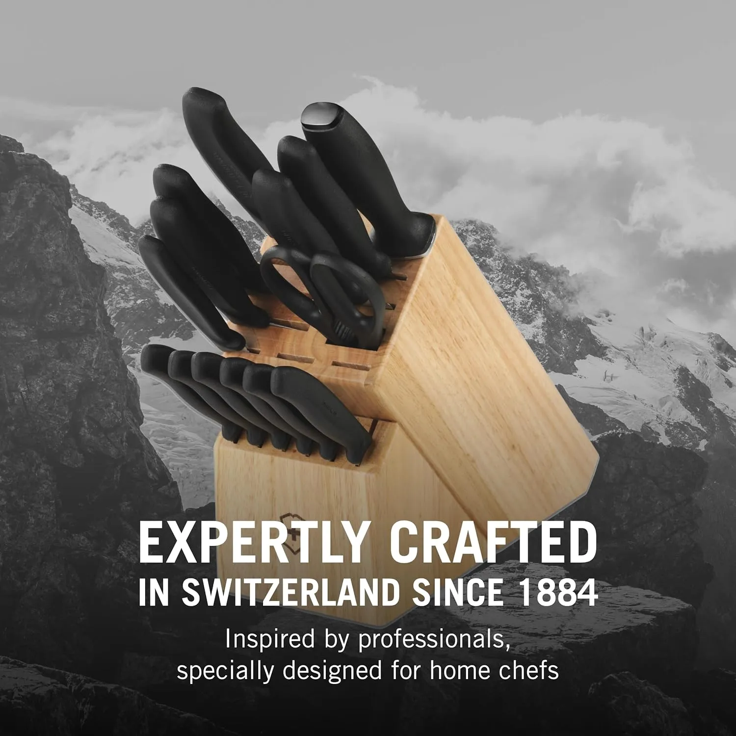 Victorinox Swiss Classic Knife Block - Kitchen Knife Set with Block for Home Essentials - Includes Chef's Knife, Santoku Knife & More - Black Handles, 15-Piece Set