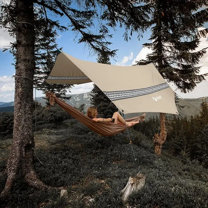 VILLEY Hammock Tent Rain Fly, Octagonal Waterproof Camping Tarp, Sun Shelter for Camping, Backpacking, Hiking, Accessory Includes Stakes, Ropes and Carry Bag (Khaki)
