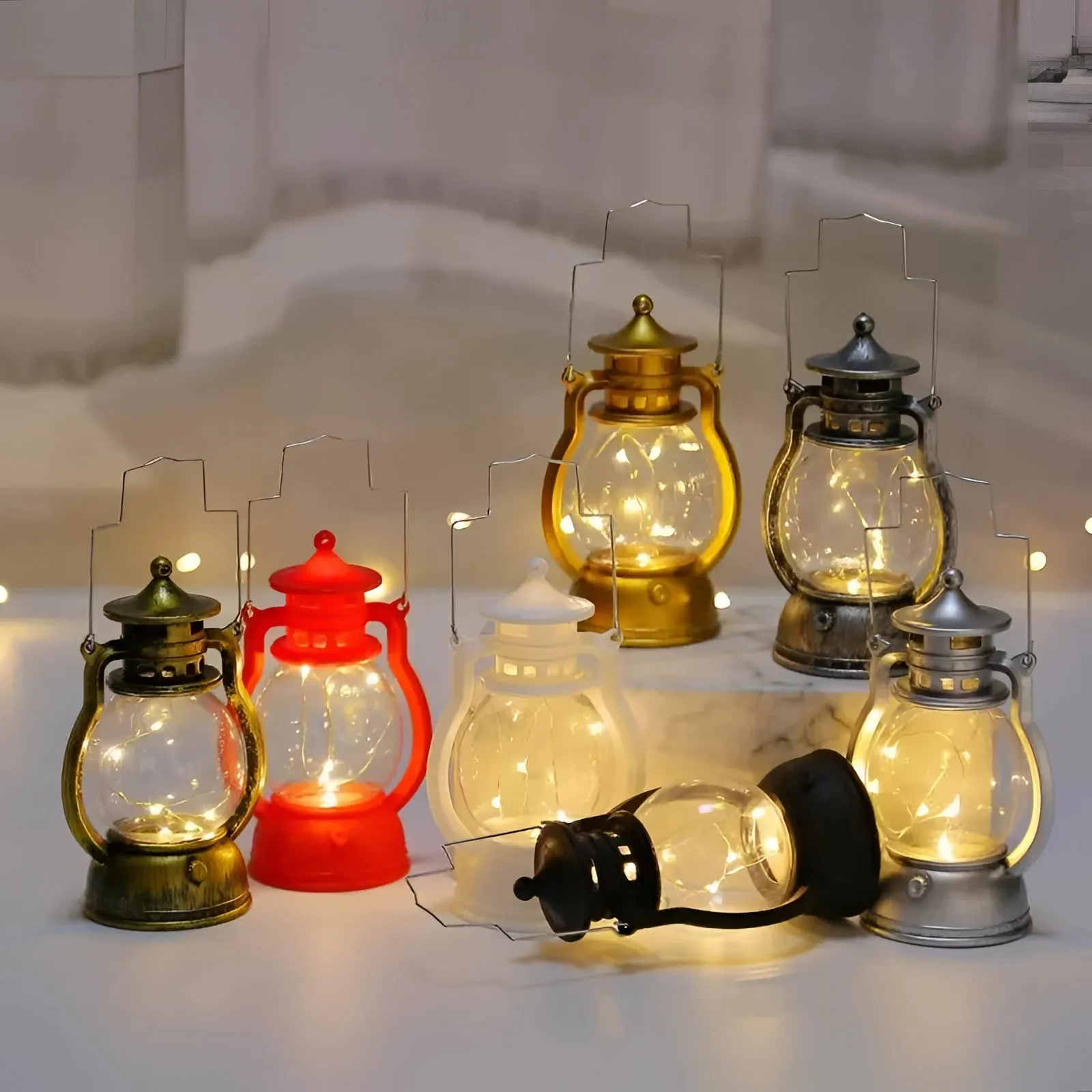 Vintage LED Lantern - Battery-Operated Gold Tabletop with Fairy Lights
