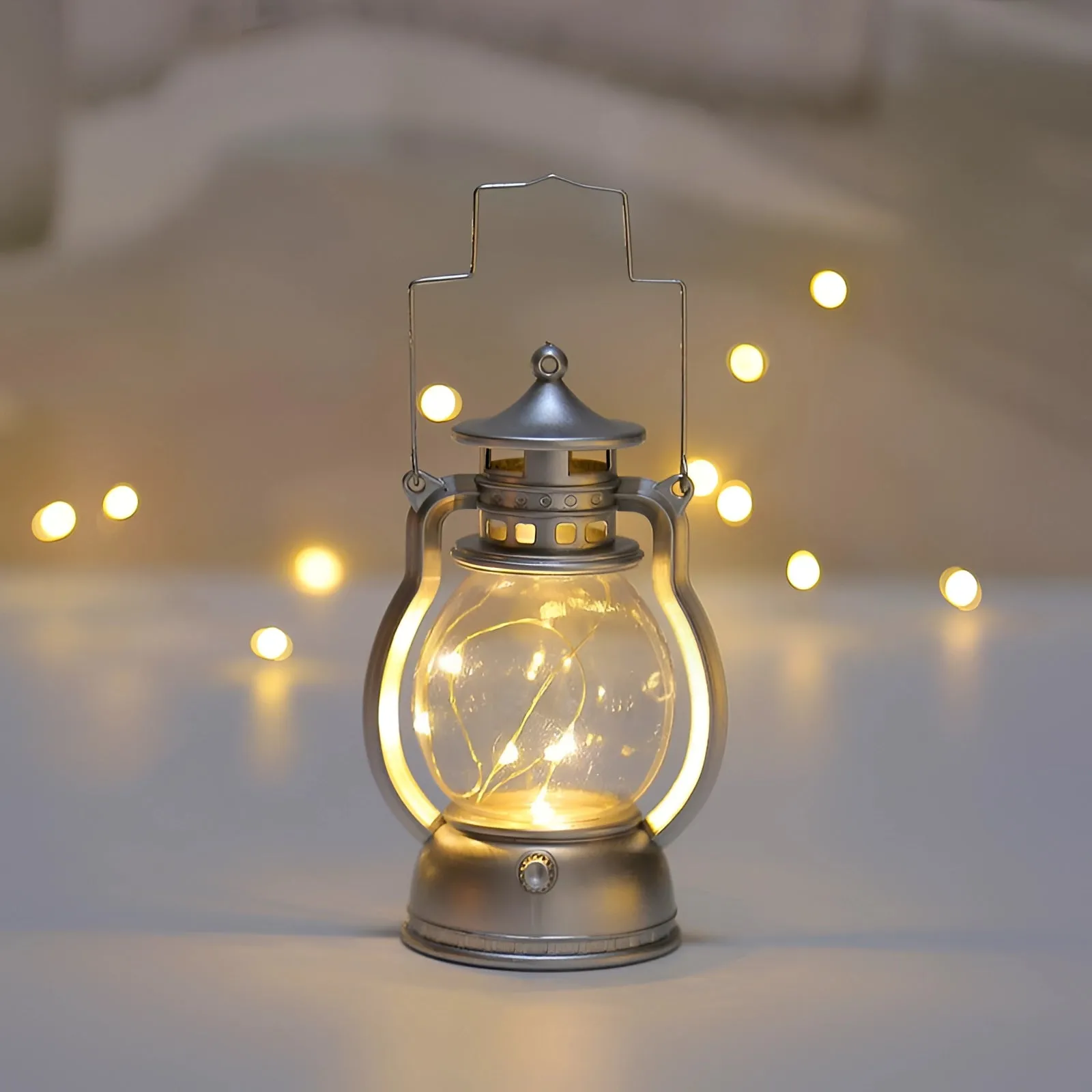 Vintage LED Lantern - Battery-Operated Gold Tabletop with Fairy Lights