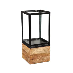VivaStyle Outdoor Lamp & Lighting, Black Metal Lantern with Wood Base, 14"H