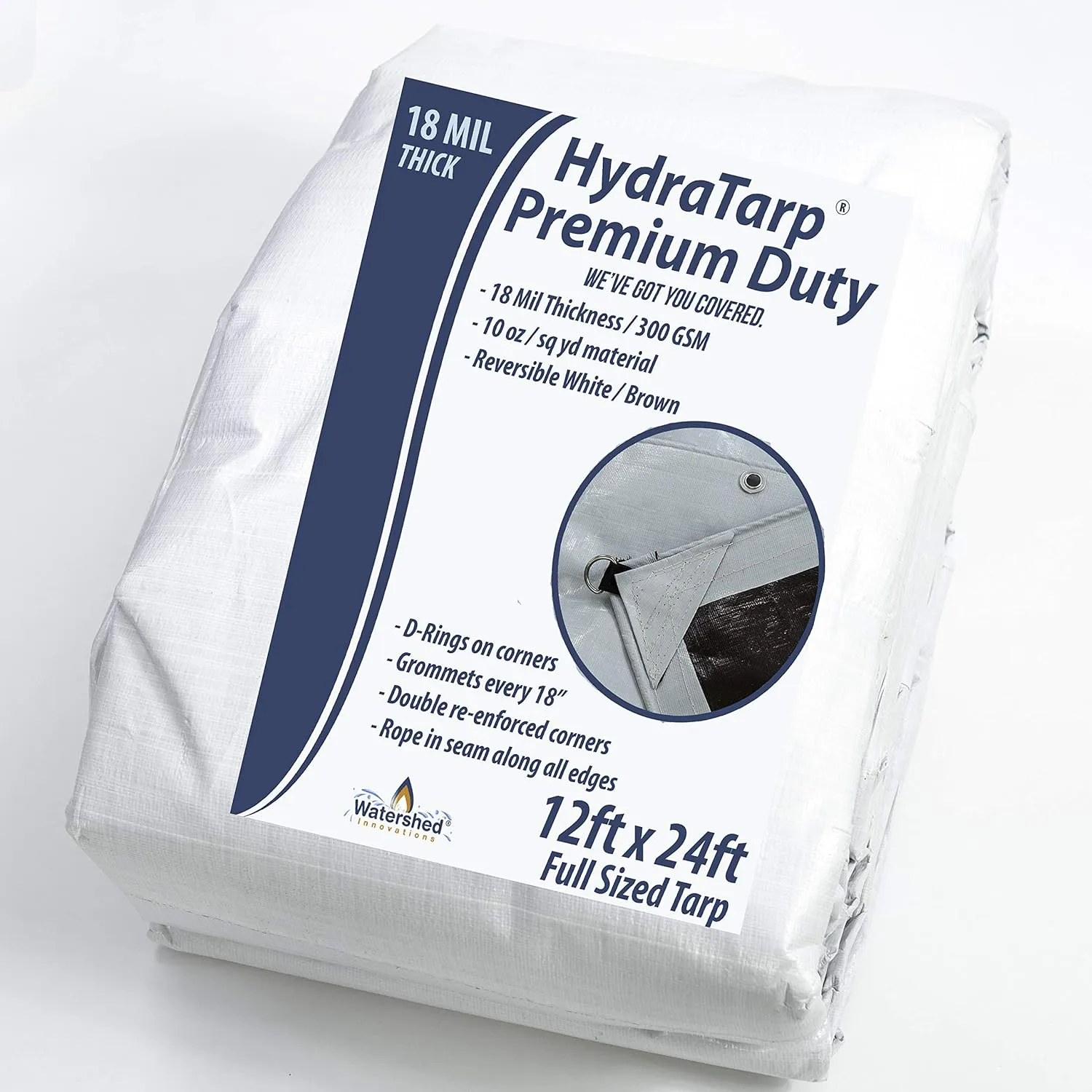 Watershed Innovations HydraTarp Premium Heavy-Duty 18 Mil Thick Waterproof White/Brown Reversible Tarp with D-Rings, 12 by 24 Feet