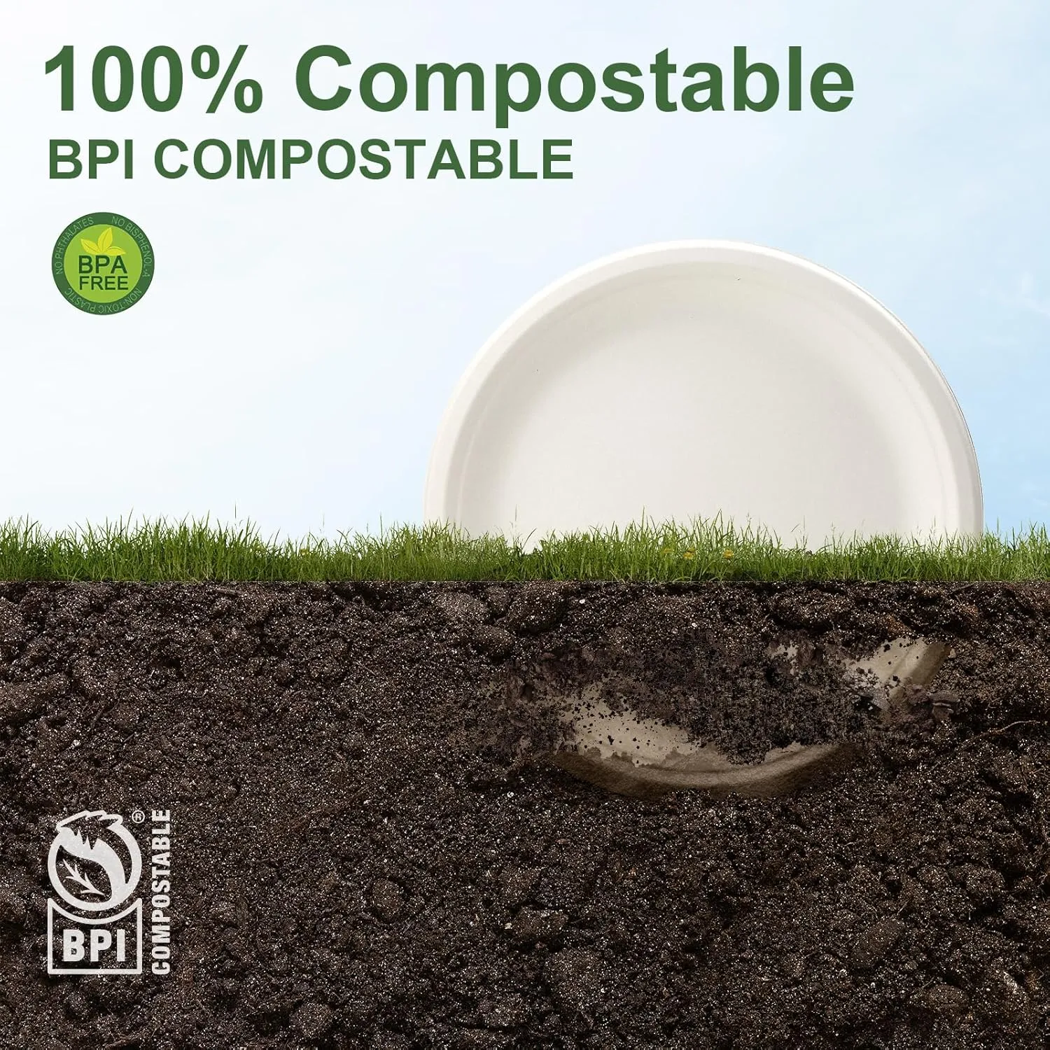 WELLIFE 10 Inch Paper Plates, 125-Pack 100% Compostable Heavy Duty Disposable Plates Bulk, Biodegradable Bagasse, Eco-Friendly, PFAS-Free | BPI Certified | Microwaveable