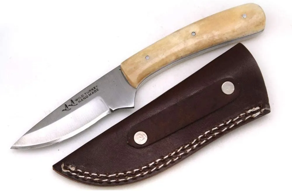 Wild Turkey Handmade Collection Heavy Duty Hunting Knife | Stainless Steel Blade | Genuine Leather Sheath Included (Bone)