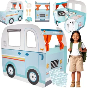 Wooden Play Camper Van Toy Playset w Steering Wheel, Kitchen, Stove, Oven, Bed, Pillow, Pretend Shower, Curtains, Personalization Stickers- Indoor Retro Car Camping, Travel RV Adventure- Ages 3  Gift