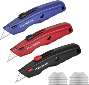 WORKPRO Premium Utility Knife, Retractable All Metal Heavy Duty Box Cutter, Quick Change Blade Razor Knife, with 10 Extra Blades, Set of 3 (Black, Red, Blue)