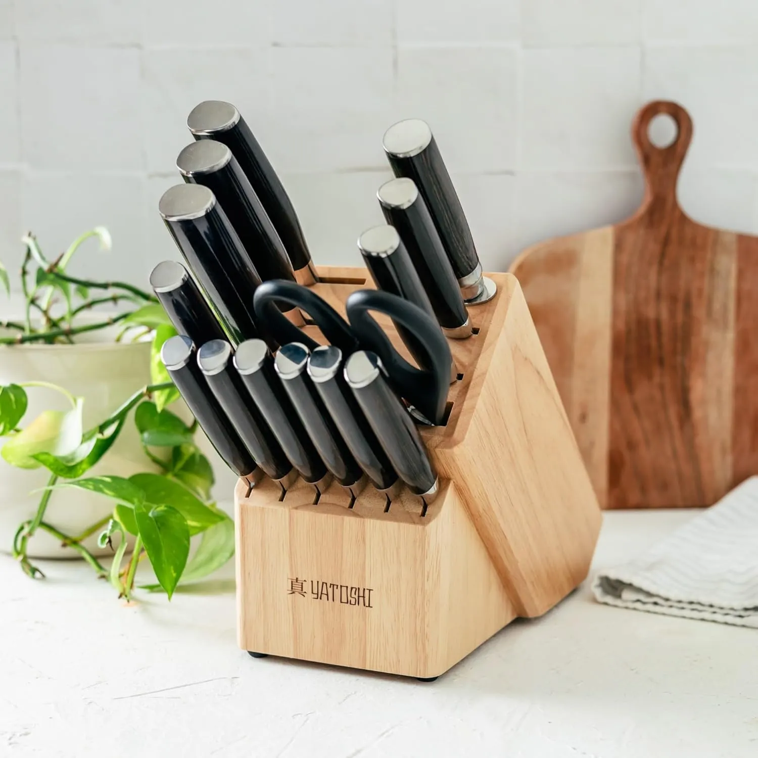 Yatoshi 15 Piece Knife Block Set - Pro Kitchen Knife Set Ultra Sharp High Carbon Stainless Steel with Ergonomic Handle