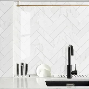 Yew & Tulip 30 PCS Peel and Stick Subway Tile for Kitchen Backsplash, 3"x9" White Marble Faux Stone Self-Adhesive Wall Tile (Glossy White)