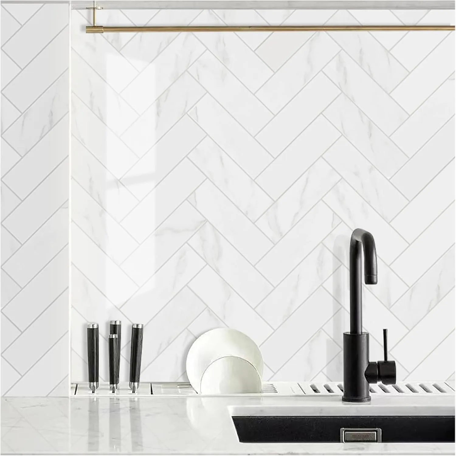Yew & Tulip 30 PCS Peel and Stick Subway Tile for Kitchen Backsplash, 3"x9" White Marble Faux Stone Self-Adhesive Wall Tile (Glossy White)
